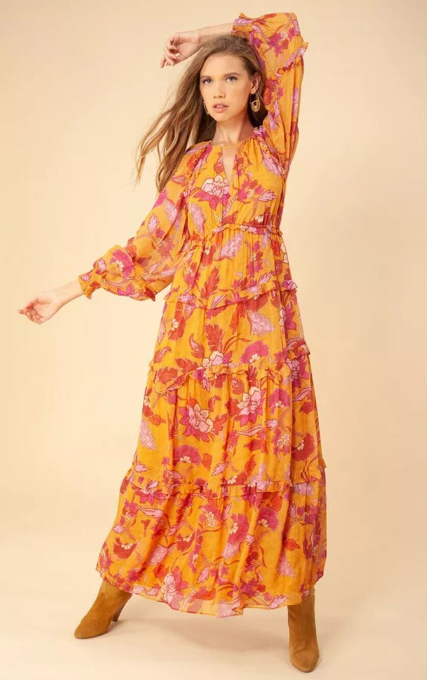 Hale Bob EMBER Floral Rayon Ruffle Tiered Long Sleeve Maxi Dress Gold S NWT $480